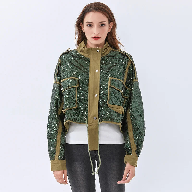 Women’s bomber style jackets for trendy vibe -Disco Cowgirl Sequined Zip-Up Jacket