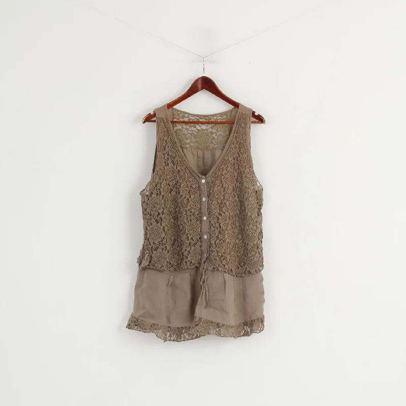 Women’s basic v-neck tops for versatile wear -Made in Italy Women XXXL (XXL) Shirt Brown 100% Linen Lace Sleeveless Tunic Top