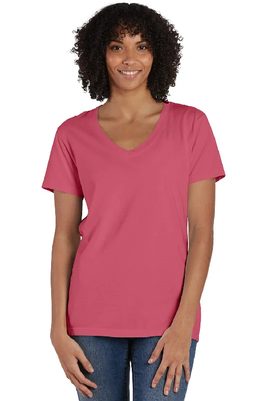 Women’s fitted blouse for office wear -ComfortWash By Hanes Womens Garment Dyed Short Sleeve V-Neck T-Shirt - Coral Craze