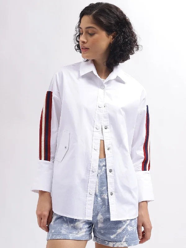 Women’s satin tops for luxurious texture -Iconic Women White Solid Spread Collar Full Sleeves Shirt