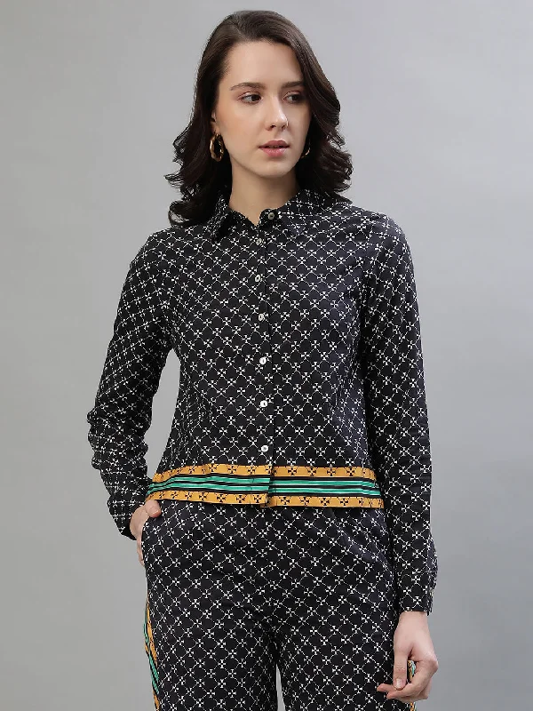 Women’s ribbed tops for textured style -Iconic Women Multicolor Printed Spread Collar Full Sleeves Shirt