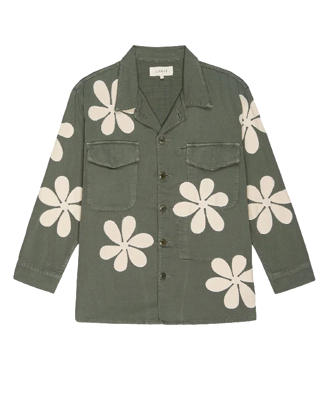 Women’s lightweight blazer jackets for workwear -The Vintage Army Jacket with Daisy Applique. -- Classic Army