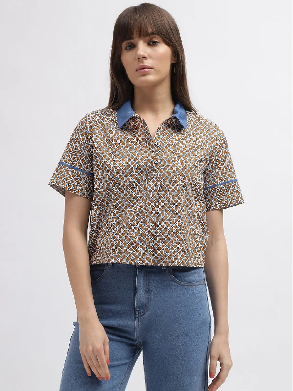 Women’s graphic print tops for expressive fashion -Iconic Women Multi Printed Spread Collar Short Sleeves Shirt