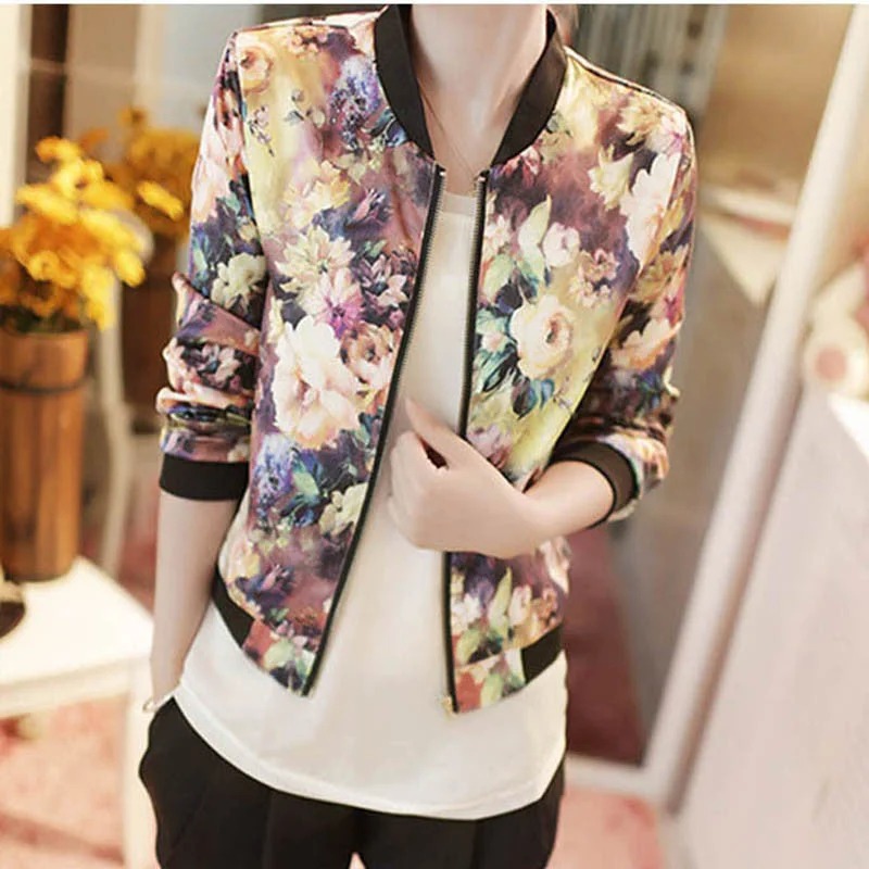 Women’s wrap coats for flattering fit -Women Spring Jackets Short Tops Long Sleeve Floral Print Coat Vintage Women Clothing Bomber Jacket Chaquetas Mujer