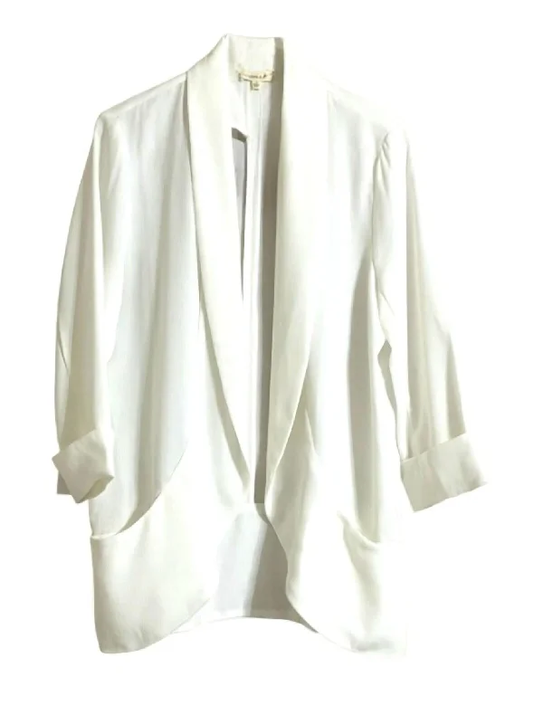 Women’s open-front jackets for easy layering -Women's Front Rolled Collar Open 3/4 Sleeve Shawl Blazer In White