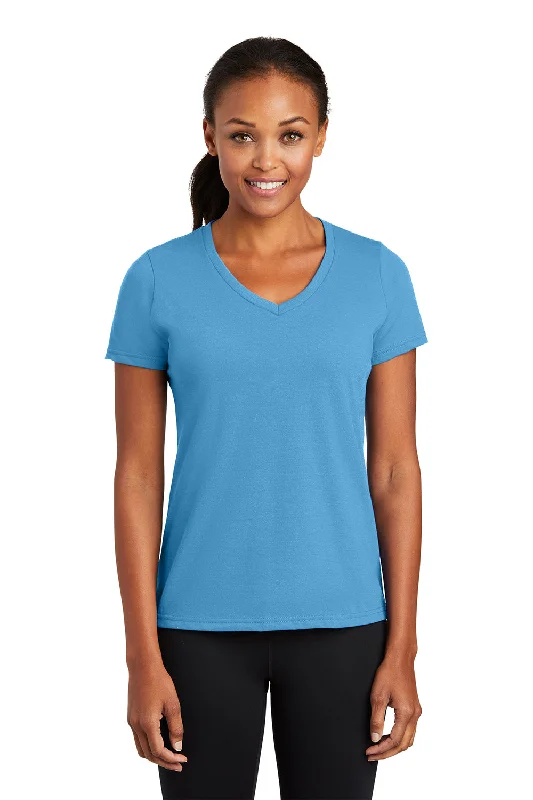 Women’s puff sleeve blouses for dramatic effect -Port & Company Womens Dry Zone Performance Moisture Wicking Short Sleeve V-Neck T-Shirt - Aquatic Blue