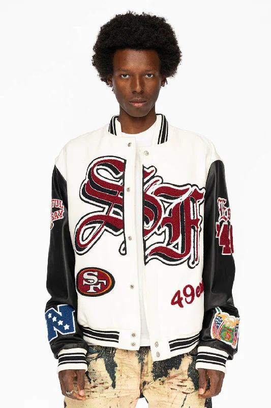 Women’s bomber style jackets for trendy vibe -WHITE & BLACK : WOOL & LEATHER VARSITY JACKET-49ers