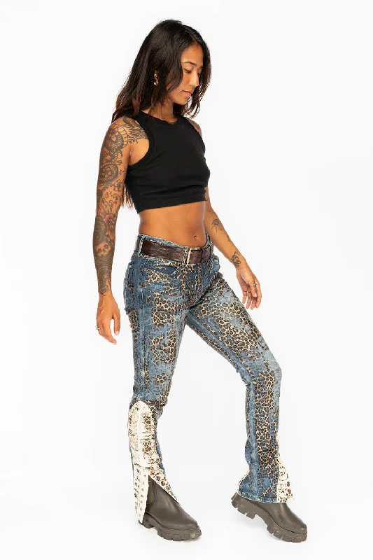 Women’s fitted jackets for flattering silhouette -WOMENS BLUE JEANS WITH LEOPARD COATING AND ANKLE SNAP CLOSURE