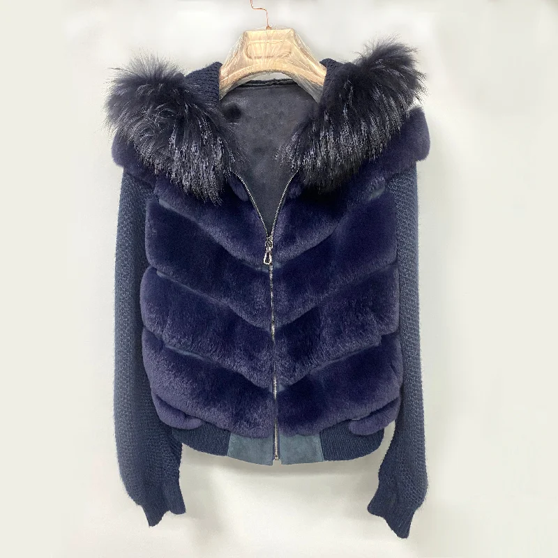 Women’s zippered jackets for easy wear -QIUCHEN QC22029Ladies Knit Zip Hoodie Coat with Real Fox Fur Collar Winter Hooded Jacket Women