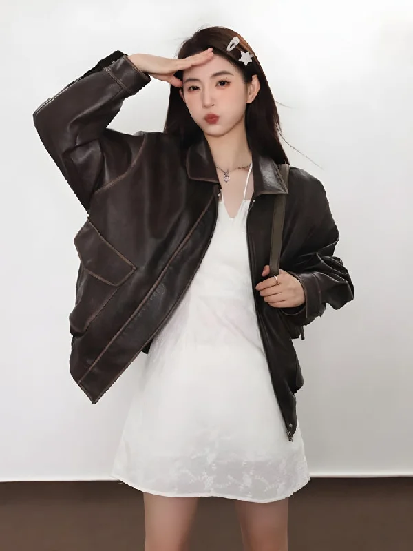 Women’s open-front jackets for easy layering -Vintage Faux Leather Jacket