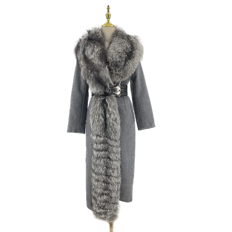 Women’s lightweight coats for mild weather -QIUCHEN QC21149 Fashion Winter Women Elegant Sexy Belt Luxury Woolen Jacket Cashmere Coat With Fox Fur