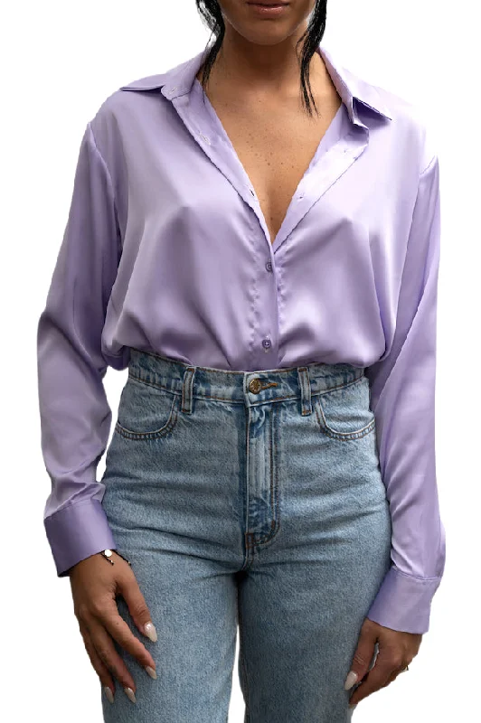 Women’s puffy sleeve tops for playful look -EFFIE KATS Womens Satin Wrap Shirt Lavender