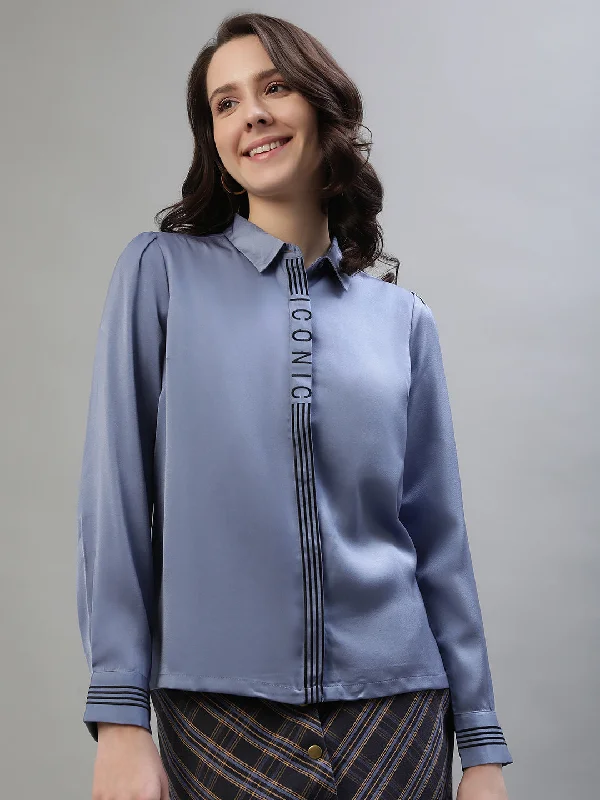 Women’s zip-up tops for active wear -Iconic Women Blue Solid Spread Collar Full Sleeves Shirt