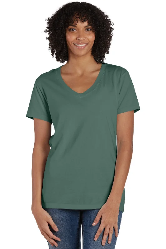 Women’s cotton tops for breathable comfort -ComfortWash By Hanes Womens Garment Dyed Short Sleeve V-Neck T-Shirt - Cypress Green