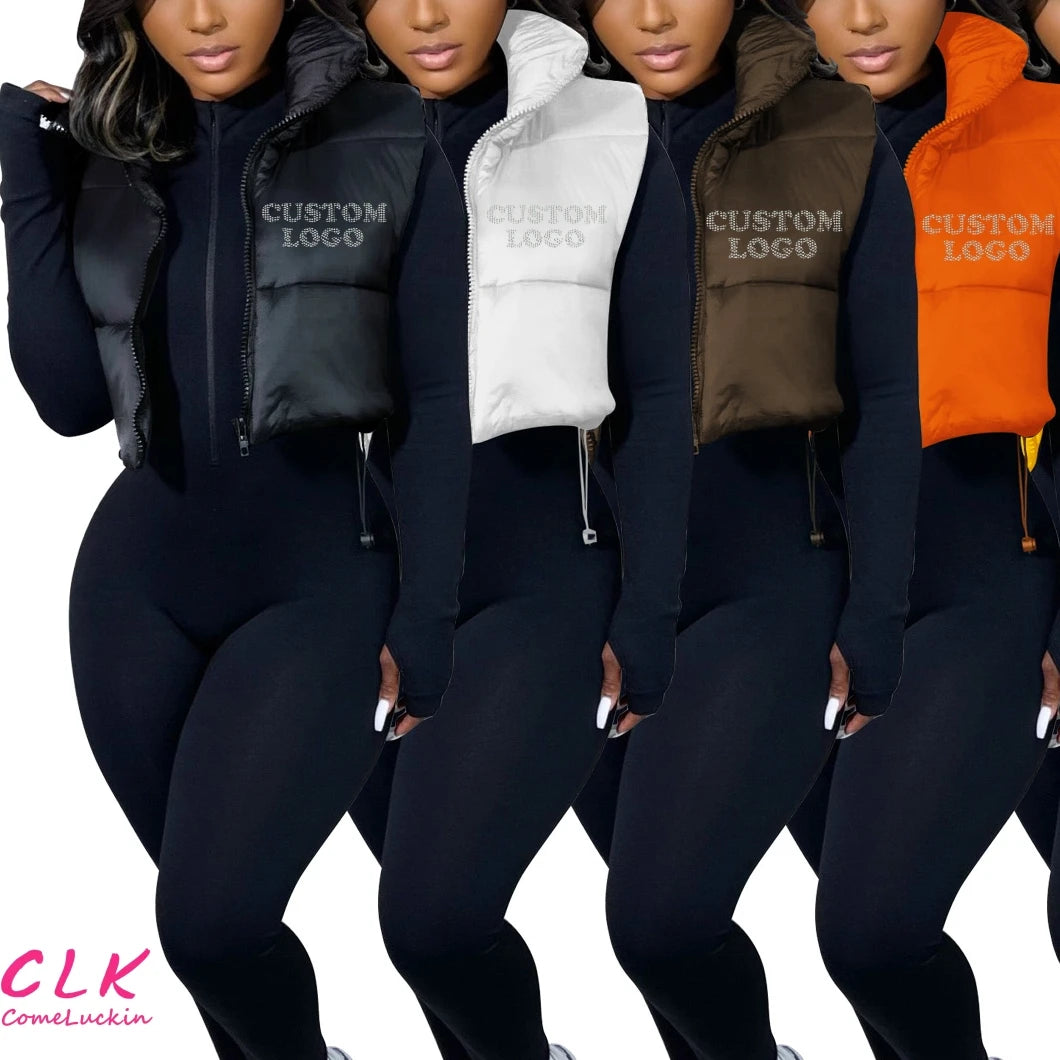 Women’s biker jackets for edgy look -Custom Logo Hot Sale Solid Colors Bubble Zipper Sleeveless Up Fleece Short Vest Winer Puffer Down Jacket Women