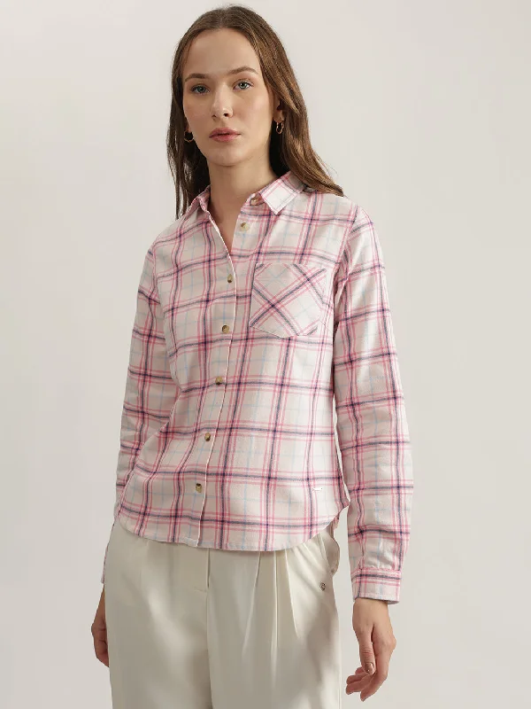 Women’s mock neck tops for chic warmth -Elle Women Pink Checked Spread Collar Full Sleeves Shirt