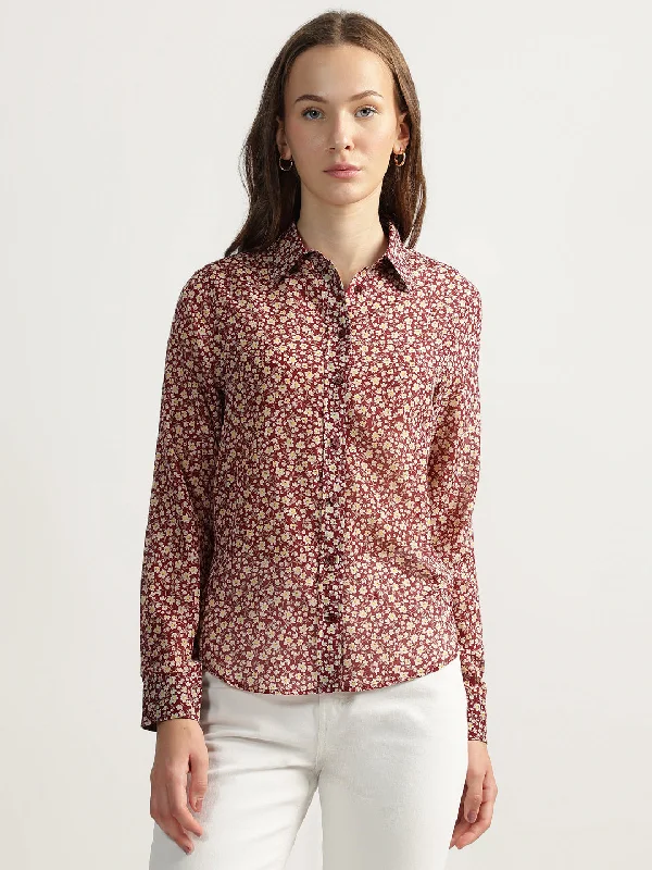 Women’s long-sleeve tees for everyday wear -Gant Women Red Printed Spread Collar Full Sleeves Shirt