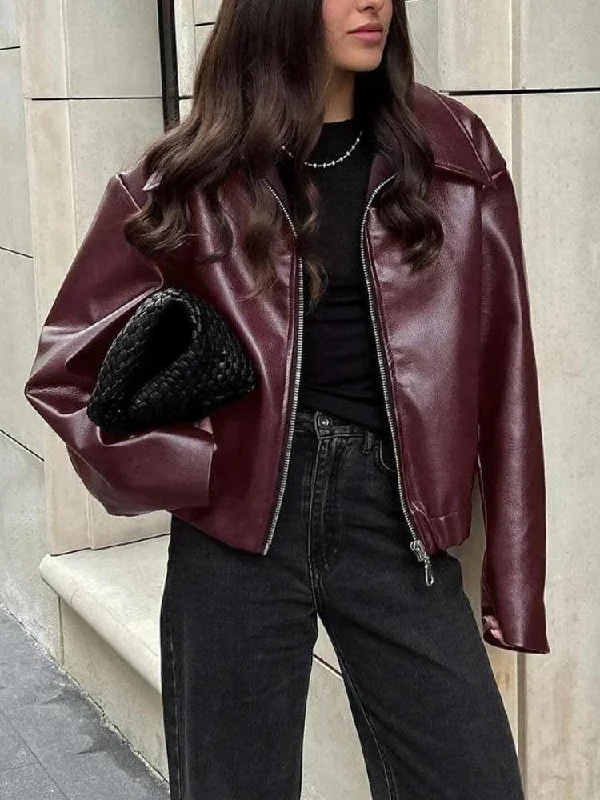 Women’s cropped blazers for modern look -Faux Leather Burgundy Jacket