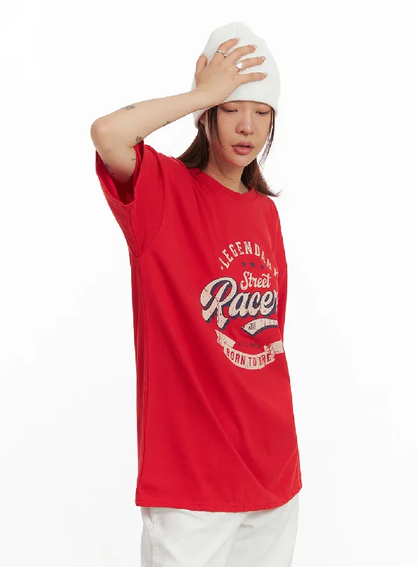 Women’s basic v-neck tops for versatile wear -Oversize Graphic Lettering Tee IY410