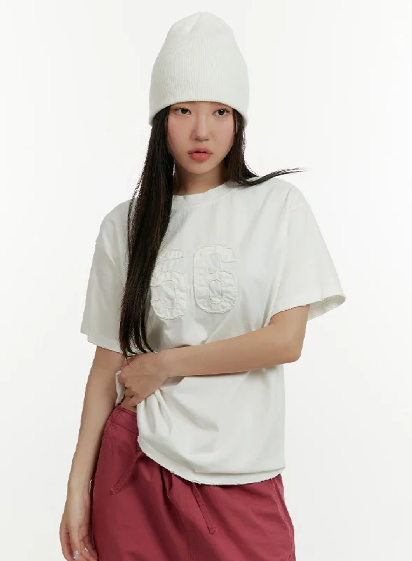 Women’s v-neck tops for casual elegance -Oversized Patches T-Shirt CY408