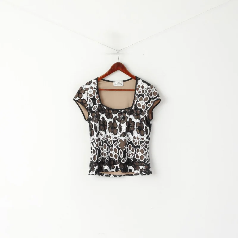 Women’s high-low tops for unique silhouette -Joseph Ribkoff Women L 14 Shirt Black Floarl Sequins Elegant Ornate Cropped Top