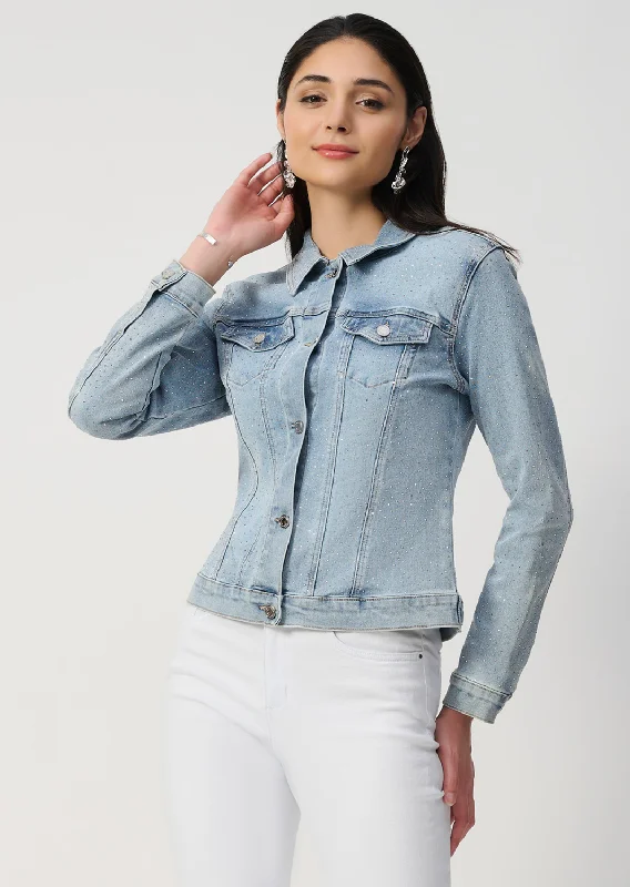 Women’s cashmere coats for luxury warmth -Joseph Ribkoff - Fitted Rhinestone Denim Jacket