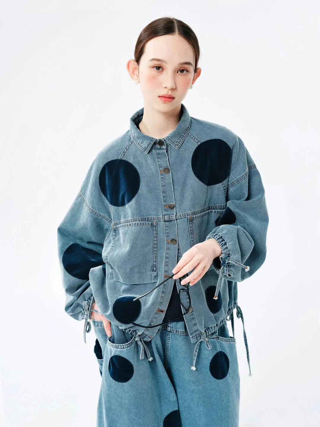 Women’s trench coats for rainy weather -Polka Dot Button Up Denim Jacket