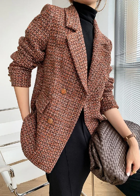 Women’s houndstooth jackets for classic patterns -Orange Plaid Tweed Double Breasted Blazer