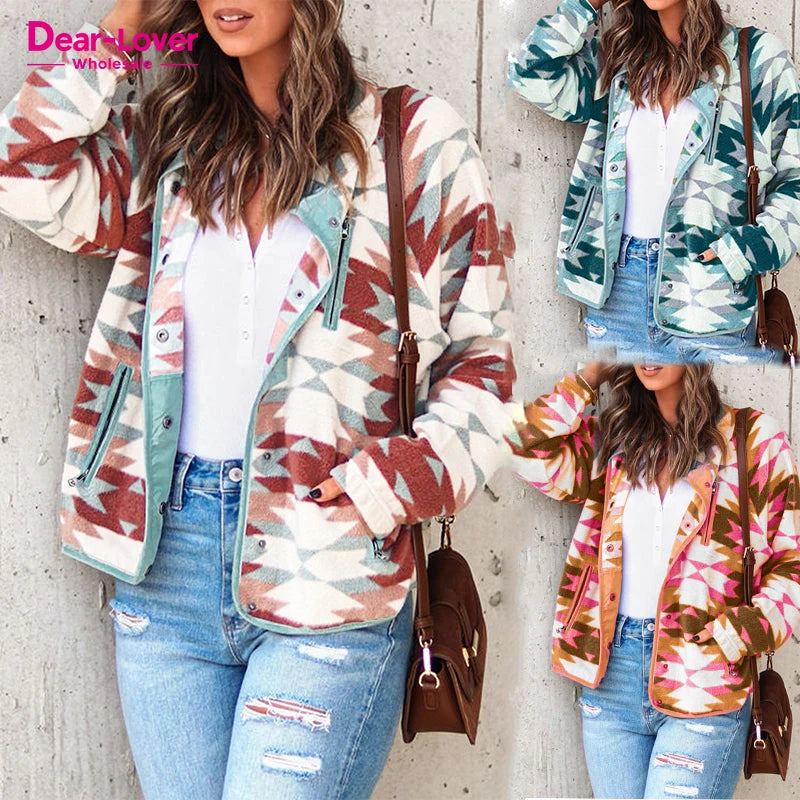 Women’s parka coats for snowy days -Dear-Lover Private Label Chaquetas De Mujer Western Clothing Women Aztec Buttoned Zipper Pockets Fleece Jacket