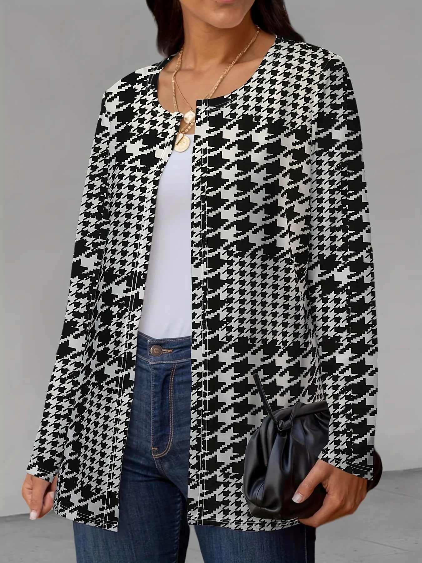 Women’s wool-blend trench coats for fall fashion -Houndstooth Printed Full Long Sleeve Outerwear Women Casual O Neck Overcoats Ladies Basic Chic Long Coats