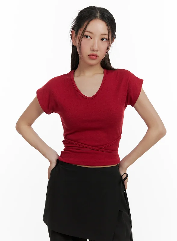 Women’s satin tops for luxurious texture -X Wrap Tee CY403