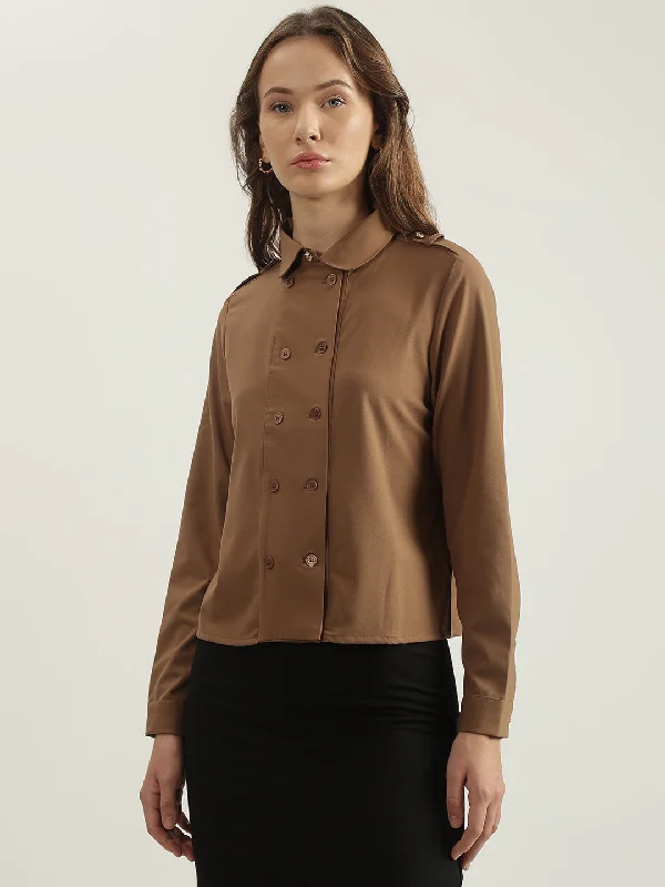 Women’s peasant tops for boho chic -Iconic Women Brown Solid Spread Collar Full Sleeves Shirt