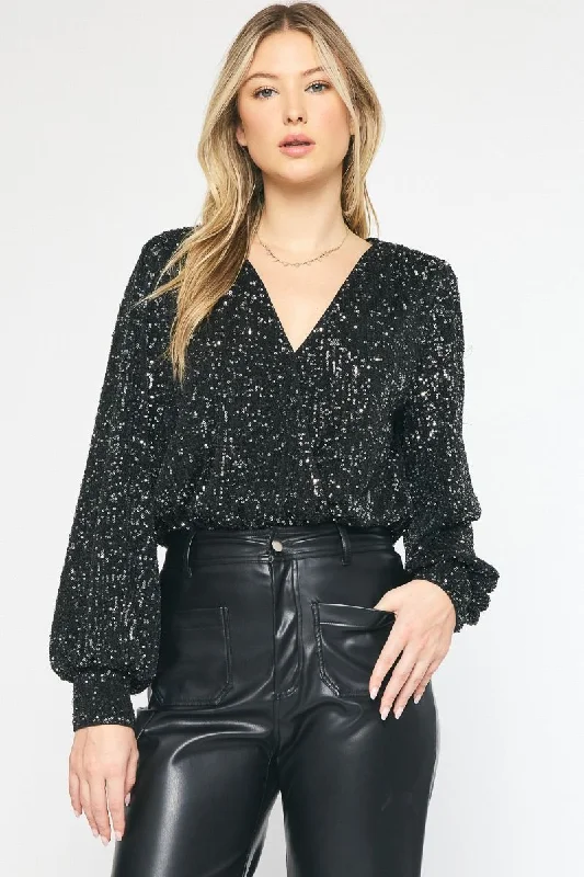 Women’s crop tops for trendy style -Irresistible Glam Black Sequin Bodysuit