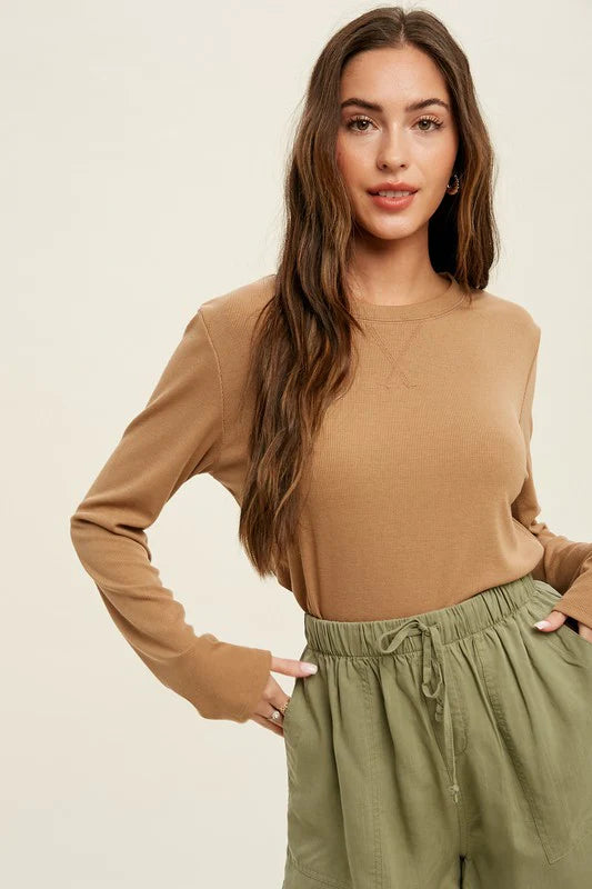 Women’s puffy sleeve tops for playful look -Cozy Basic Caramel Ribbed Top