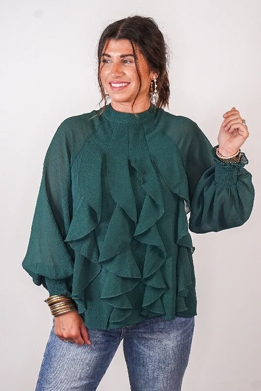 Women’s blouse with ruffles for feminine flair -Dressy Little Green Top