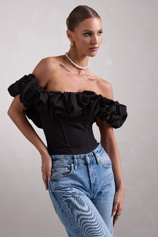 Women’s pleated blouse for textured elegance -Ellie | Black Structured Statement Bardot Bodysuit