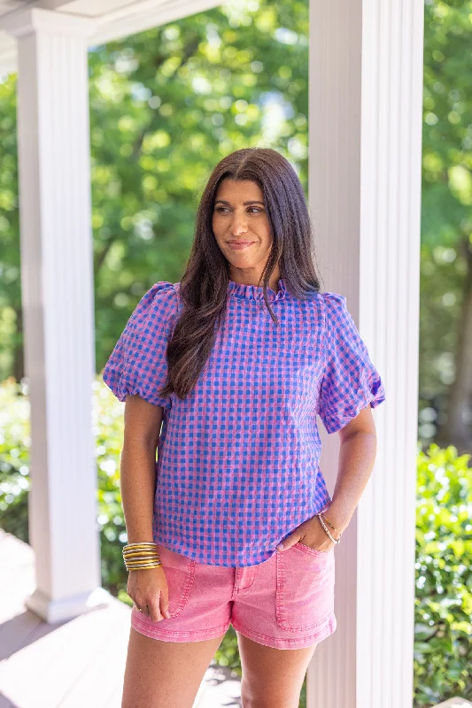 Women’s silk tops for luxury style -Gingham Blue And Pink Top