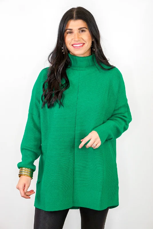 Women’s relaxed fit tops for everyday wear -Green Turtleneck Sweater