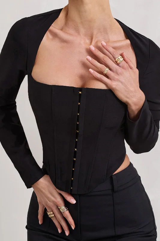 Women’s turtleneck tops for cool weather -Kailey | Black Square-Neck Long-Sleeve Corset Top