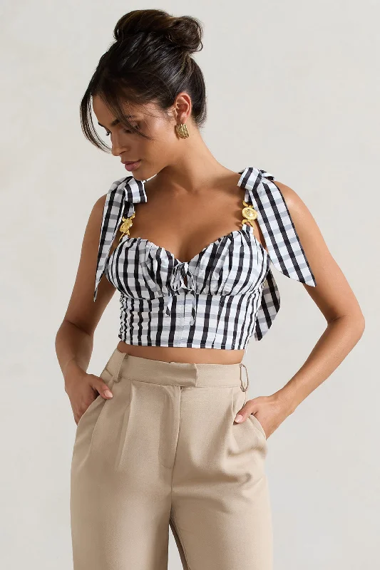 Women’s relaxed fit tops for everyday wear -Maud | Black & White Gingham Crop Top With Tie Straps