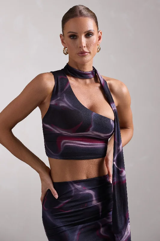 Women’s sweater tops for cozy warmth -North Wind | Black Printed One-Shoulder Crop Top With Scarf