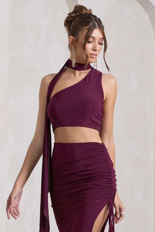 Women’s draped tops for sophisticated fashion -North Wind | Plum One-Shoulder Crop Top With Scarf