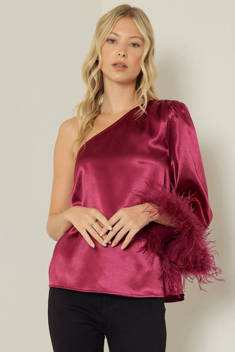 Women’s peplum tops for flattering shape -One Shoulder Fuchsia Satin Top