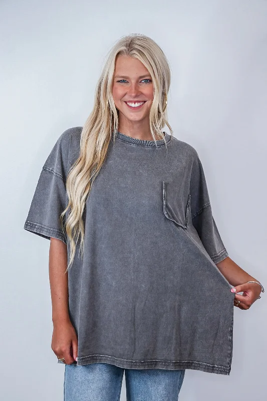 Women’s split-neck tops for modern twist -Perfectly Oversized Washed Grey Top