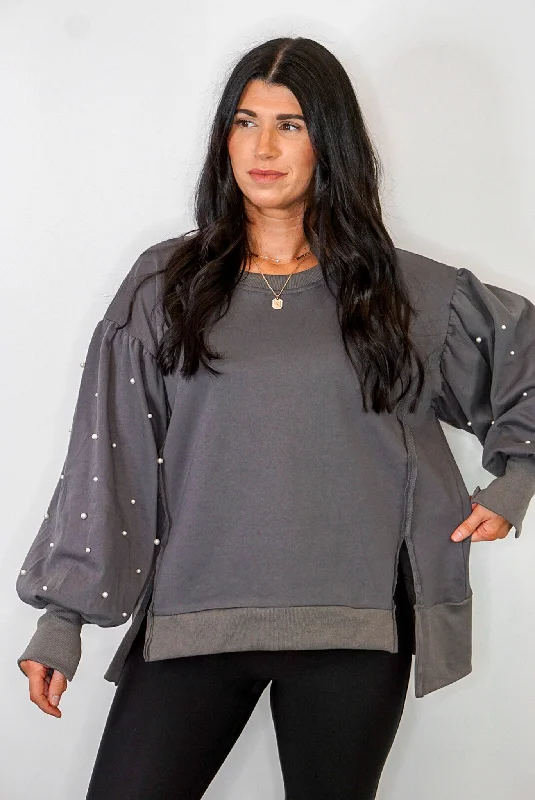 Women’s tunic-length tops for versatile layering -Pearl Darling Charcoal Sweatshirt