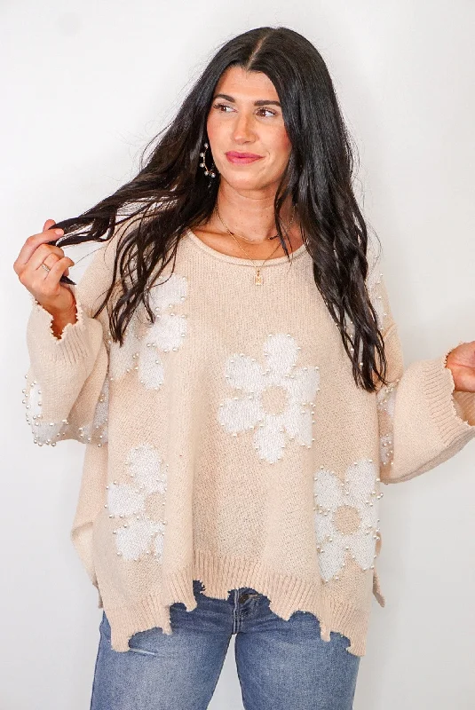 Women’s casual tops for everyday wear -Pearl Embellished Daisy Natural Sweater