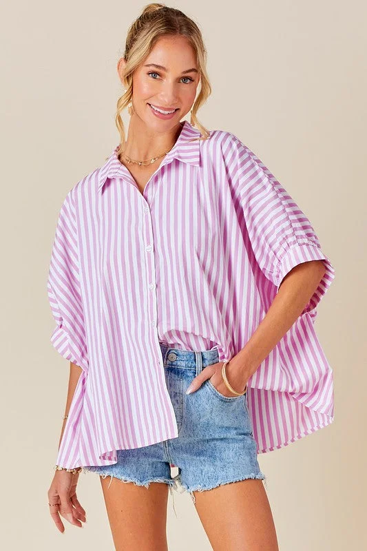 Women’s v-neck tops for casual elegance -Classic Love Pink Striped Top