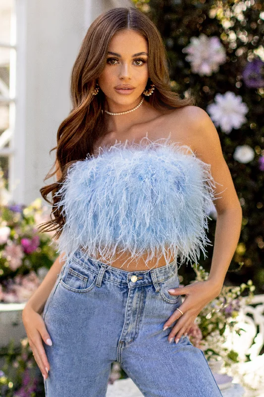 Women’s wrap shirts for casual chic -Dream Daze | Powder Blue Feather Bandeau Top