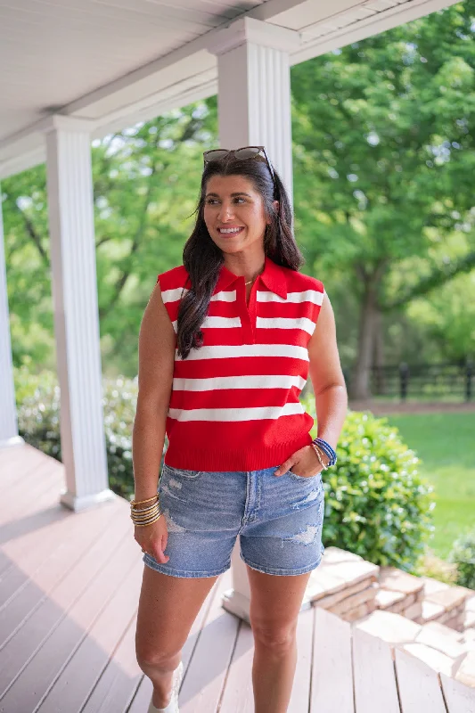 Women’s blouse with ruffles for feminine flair -Nautical Inspiration Red Striped Top