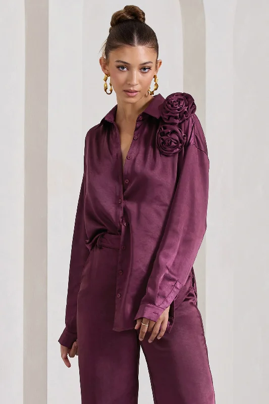 Women’s oversized t-shirts for relaxed fashion -Rosanna | Burgundy Satin Oversized Shirt With Flowers